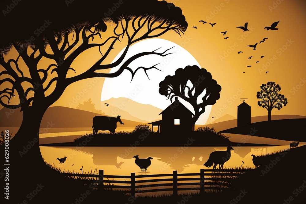 Illustration of a farm landscape in silhouette. Generative AI