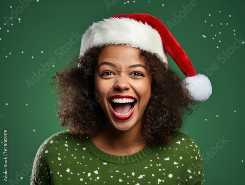 Portrait of a fictional happy woman wearing Santa hat and decorated winter pullover for Christmas. Isolated on a plain colored background. Generative AI.