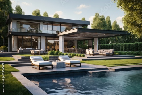 The outdoor space of a contemporary home  containing a pool  synthetic turf  various trees  and seating options.