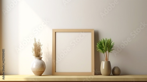 Empty photo picture frame mockup on modern Interior background. Copy space. Generative AI