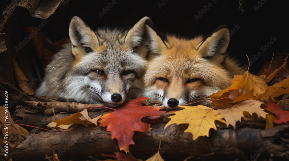 Two sleepy foxes, red and greyish lying amidst Autumn leaves. 