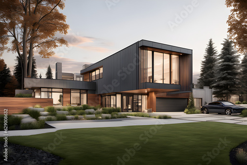 A Rendering of a Modern House with a Large Front Yard © Images Guru