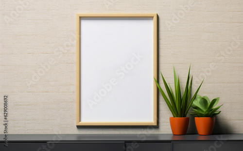 Empty photo picture frame mockup on modern Interior background. Copy space. Generative AI © Odin