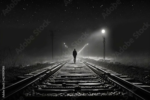 A solitary figure stands alone on the railway tracks. Generative AI