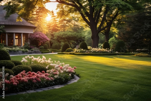 The private property is adorned with a stunningly manicured lawn and flowerbed, featuring deciduous shrubs. As the sun sets, casting a warm and radiant glow, the background provides a beautiful © 2rogan