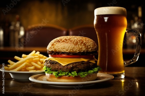 A beer accompanies a cheeseburger and fries at a restaurant. Generative AI