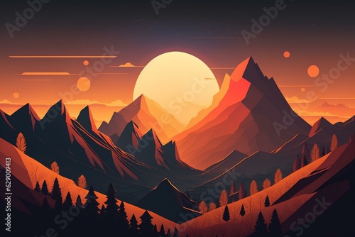 Illustration of sunset in mountains. Generative AI