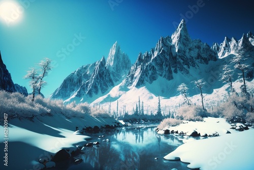 Scenic winter scene with mountain peaks covered in snow and clear blue sky. Generative AI