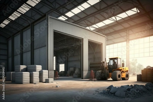 Industrial warehouse for storing construction materials. Logistics and transportation concept. Generative AI