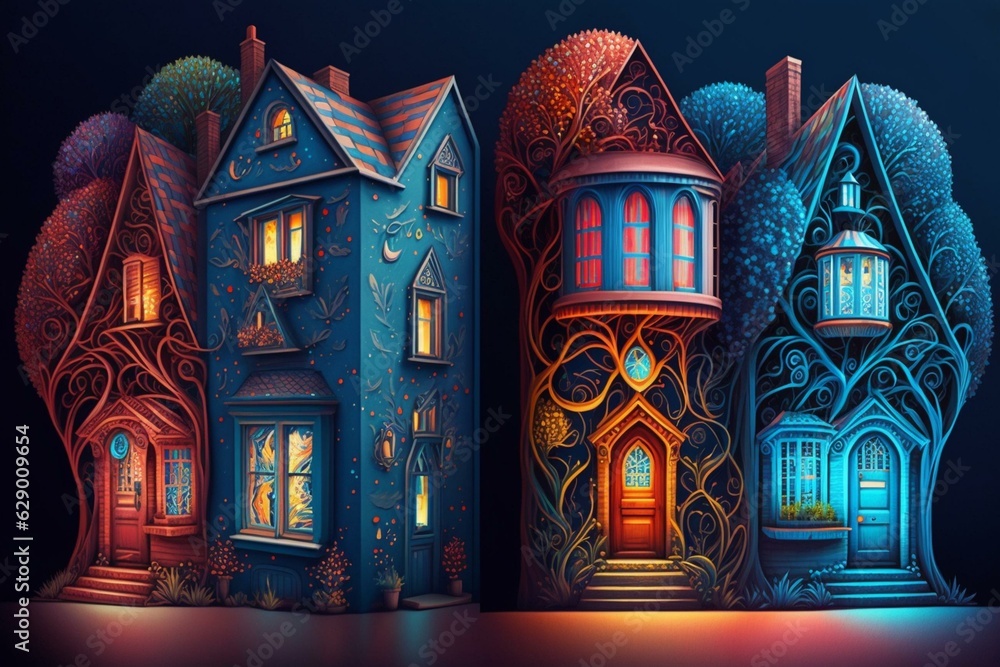 A fantasy illustration of colorful houses with mysterious and magical elements. Generative AI