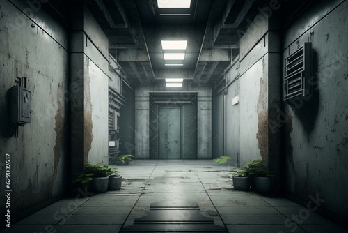 3D rendering of a gritty  worn metal hallway in a futuristic setting. Generative AI