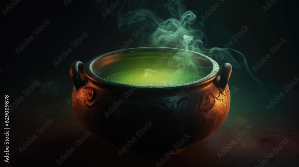 Witches Cauldron Brewing Potion with Colorful Steam Smoke - Halloween Theme - Generative AI Witches Cauldron Brewing Potion with Colorful Steam Smoke - Halloween Theme - Generative AI