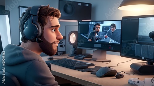 A professional video editor working in his studio - 3D Cartoon Character Illustration