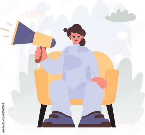 Enabling Voices in Activism, Young lady with Bullhorn, Dissent Rally Subject. Trendy style, Vector Illustration