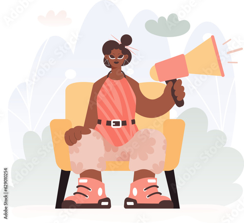 Locks in Voices in Activism, Energized woman with Bullhorn, Pulverize this thought Rally Subject. Trendy style, Vector Illustration