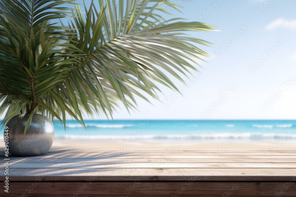 Wooden terrace display with beach day as background Wooden terrace display with beach day as background