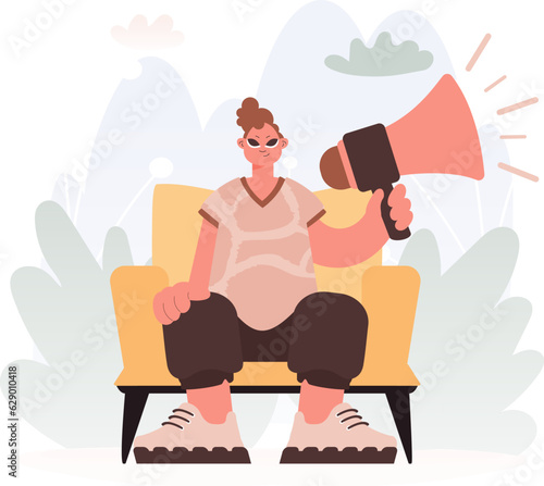 Influenced in Voice in Activism, Individual with Enhancer, Pulverize this thought Rally Subject. Trendy style, Vector Illustration
