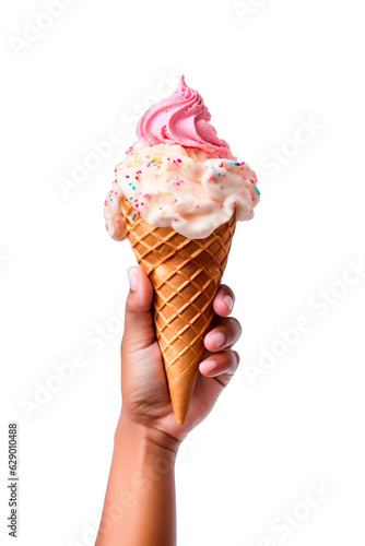 Hand raised holding delicious ice cream with sprinkles on isolated transparent background