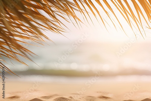 Close up of summer scene at the beach with golden sand and ocean in blurred backwound