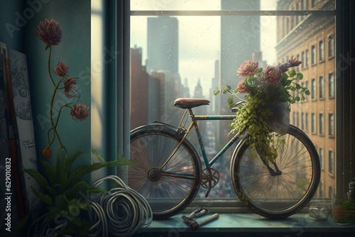 A bike with flowers on a windowsill against a city scene with a key. Generative AI