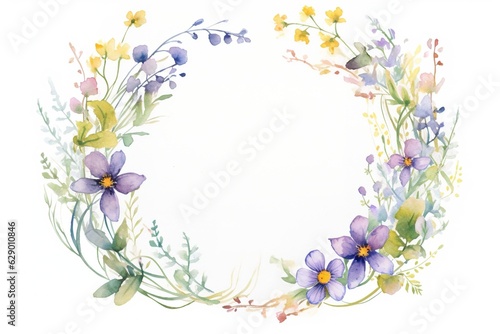 Rounded frame of watercolor flowers over white background