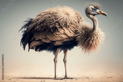 An ostrich bird standing tall with its long neck, fluffy feathers, and strong legs. Generative AI