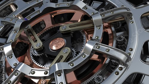 The lock of the large round safe door is locked and unlocked. 3d animation