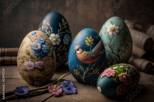 Painted Easter eggs resting on a wooden table. Generative AI