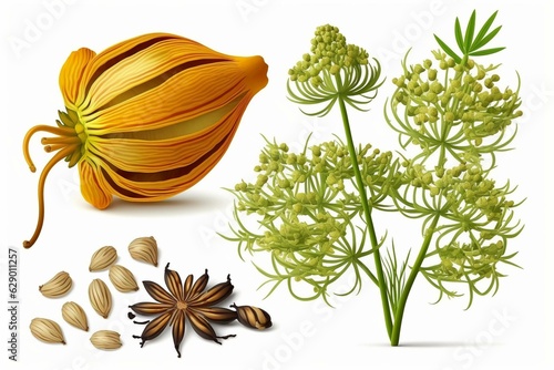 Isolated fennel flower and anise with leaves. Generative AI