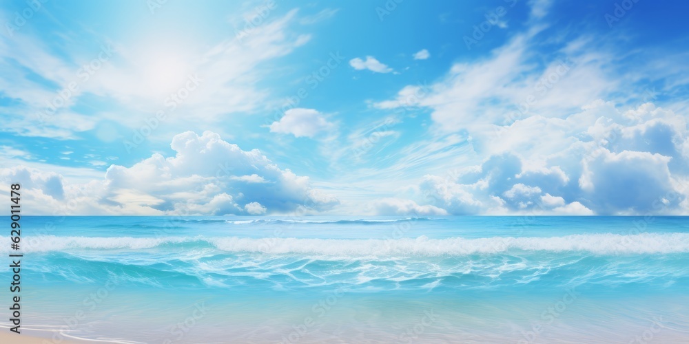 Serene beachscape with sun-kissed shores and azure waters, Generative AI