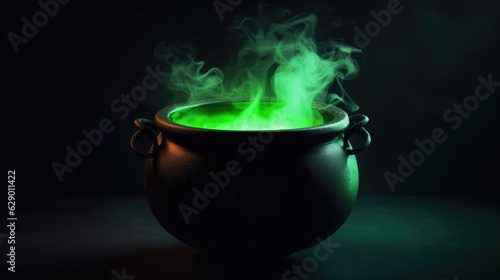 Witches Cauldron Brewing Potion with Colorful Steam Smoke - Halloween Theme - Generative AI