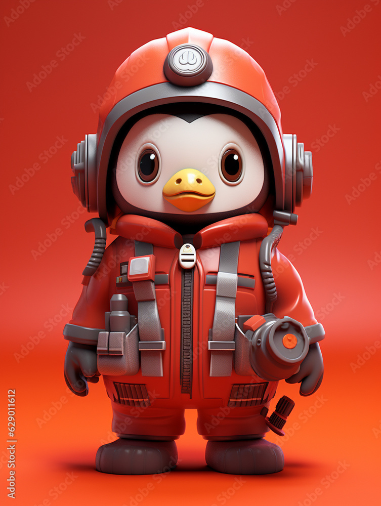 Fototapeta premium A Cute 3D Penguin Dressed Up as a Firefighter on a Solid Color Background