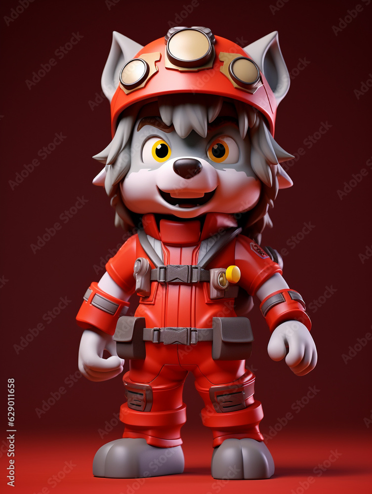 A Cute 3D Wolf Dressed Up as a Firefighter on a Solid Color Background A Cute 3D Wolf Dressed Up as a Firefighter on a Solid Color Background