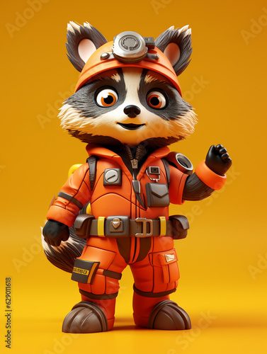 A Cute 3D Raccoon Dressed Up as a Firefighter on a Solid Color Background