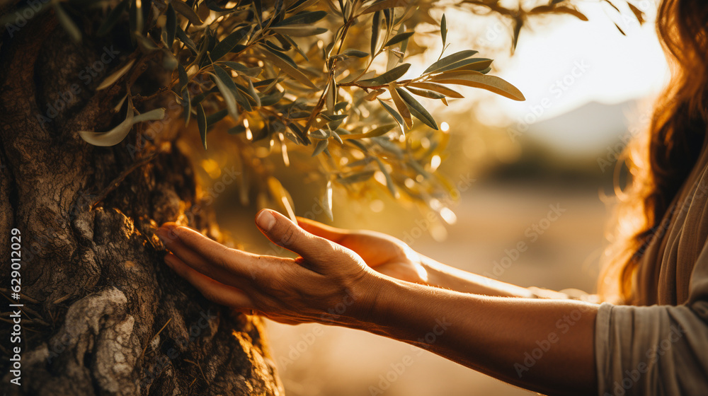 A heartwarming image of hands embracing an ancient olive tree, representing our connection to nature Generative AI - obrazy, fototapety, plakaty 