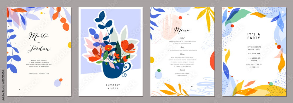 Obraz premium Set of creative artistic templates with abstract and floral elements. For poster, greeting and business card, invitation, flyer, banner, brochure, email header, advertising, events and page cover.