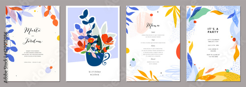 Set of creative artistic templates with abstract and floral elements. For poster, greeting and business card, invitation, flyer, banner, brochure, email header, advertising, events and page cover.