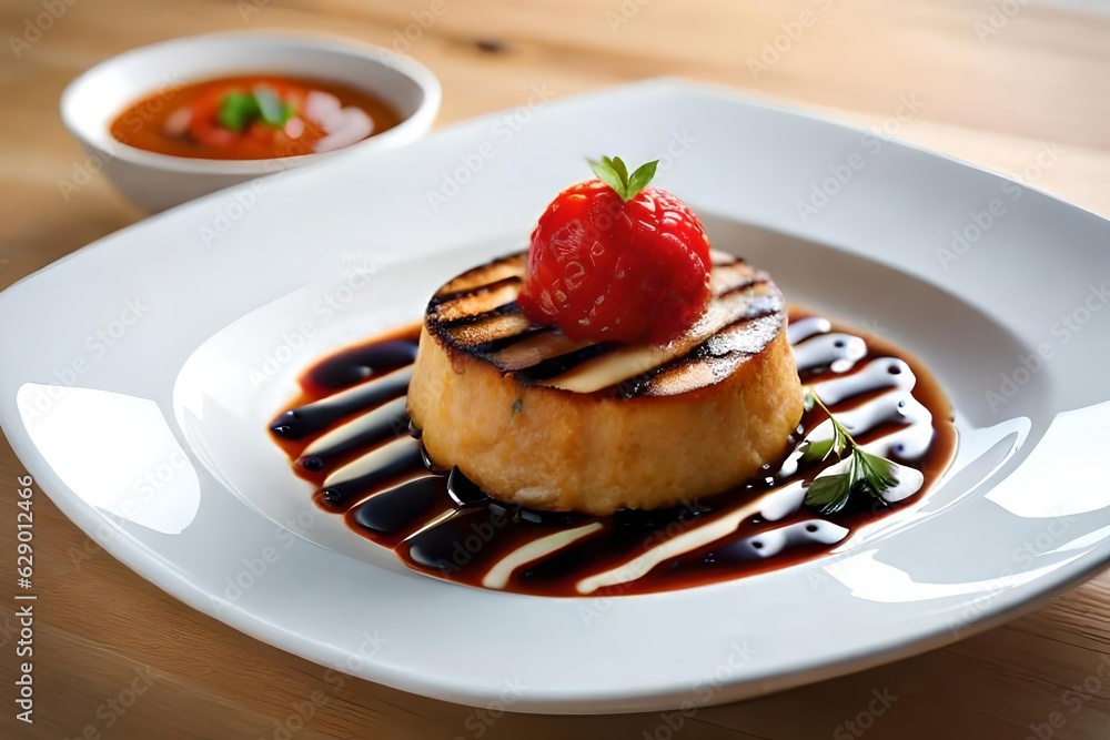 A closeup stroke of a deliciously prepared epicure dish , showcasing its vibrant ingredient and aesthetic presentation. Creative resource, AI Generated A closeup stroke of a deliciously prepared epicure dish , showcasing its vibrant ingredient and aesthetic presentation. Creative resource, AI Generated