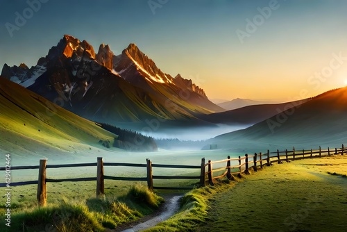 A calm countryside landscape with graze overawe , a agrestic wooden fence , and a well-defined bluing sky. Creative resource, AI Generated photo
