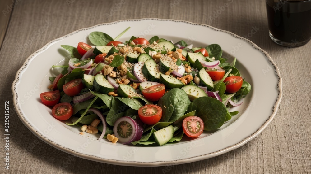 goodly vegetable salad of bracing tomato , cucumber , onion , spinach , lettuce and sesame on plate . goodly vegetable salad of bracing tomato , cucumber , onion , spinach , lettuce and sesame on plate .