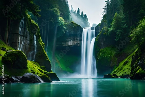 A imperial waterfall surrounded by alcoholic greenery and obscure , showcasing the baron and beauty of nature. Creative resource, AI Generated photo
