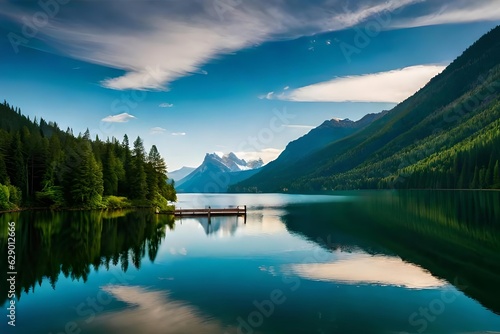 A calm lakeside setting with a wooden dock stretching out into brace body of body of water  photo