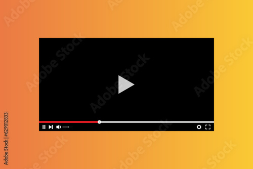 Video template. Videoplayer template or design, or mockup. Play, pause and resume buttons. Vector