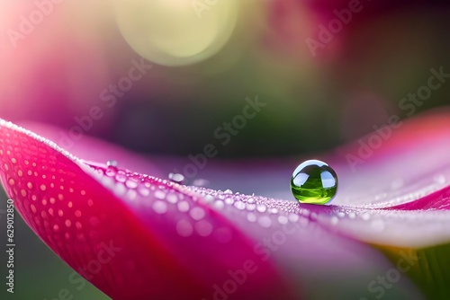 A closeup photograph of a finespun dewdrop resting on a vibrant bloom petal. Creative resource, AI Generated © Denys