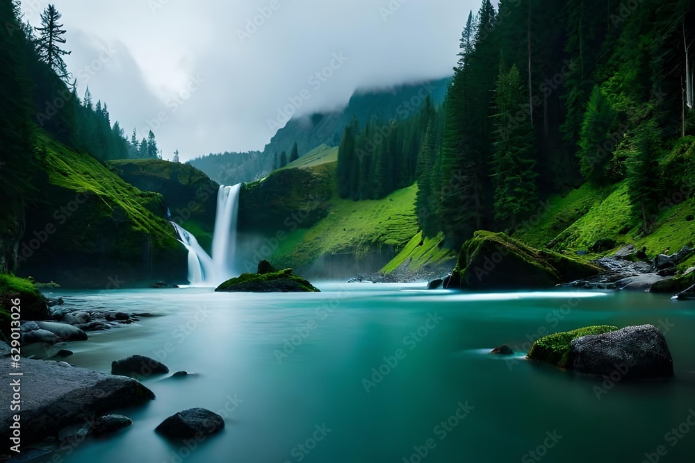 Fototapeta premium A imperial waterfall surrounded by alcoholic greenery and malefic , showcasing the baron and collision of nature. Creative resource, AI Generated
