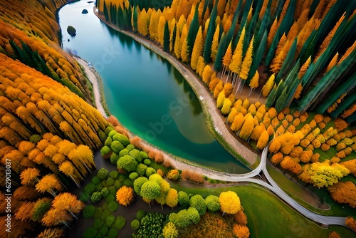 A stun forward pass watch of a fart river cutting through a vibrant fall forest. Creative resource, AI Generated photo