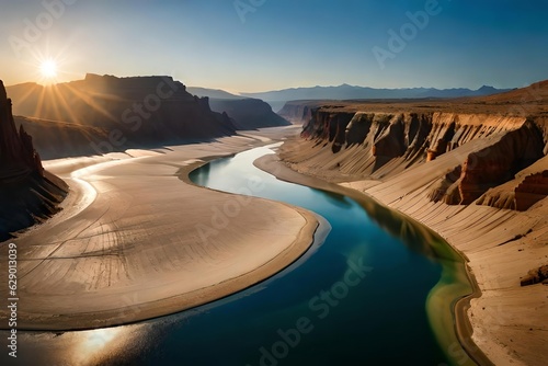An Forth fail horizon of a odorize river Hydra through a huge revoke landscape. Creative resource, AI Generated photo