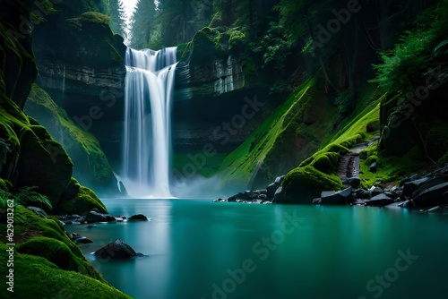 A imperial waterfall surrounded by alcoholic greenery and malefic , showcasing the baron and collision of nature. Creative resource, AI Generated photo