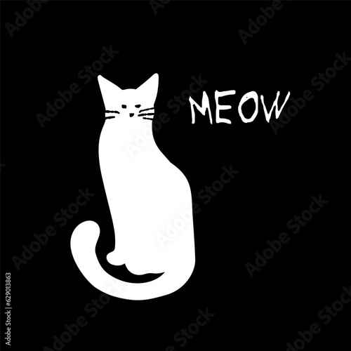 White cat illustration isolated on black with text Meow