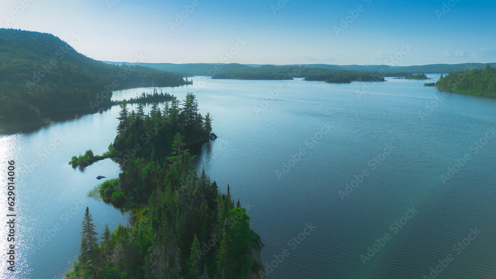 Aerial view of a beautiful and wild fishing lake in the province of Quebec, Canada